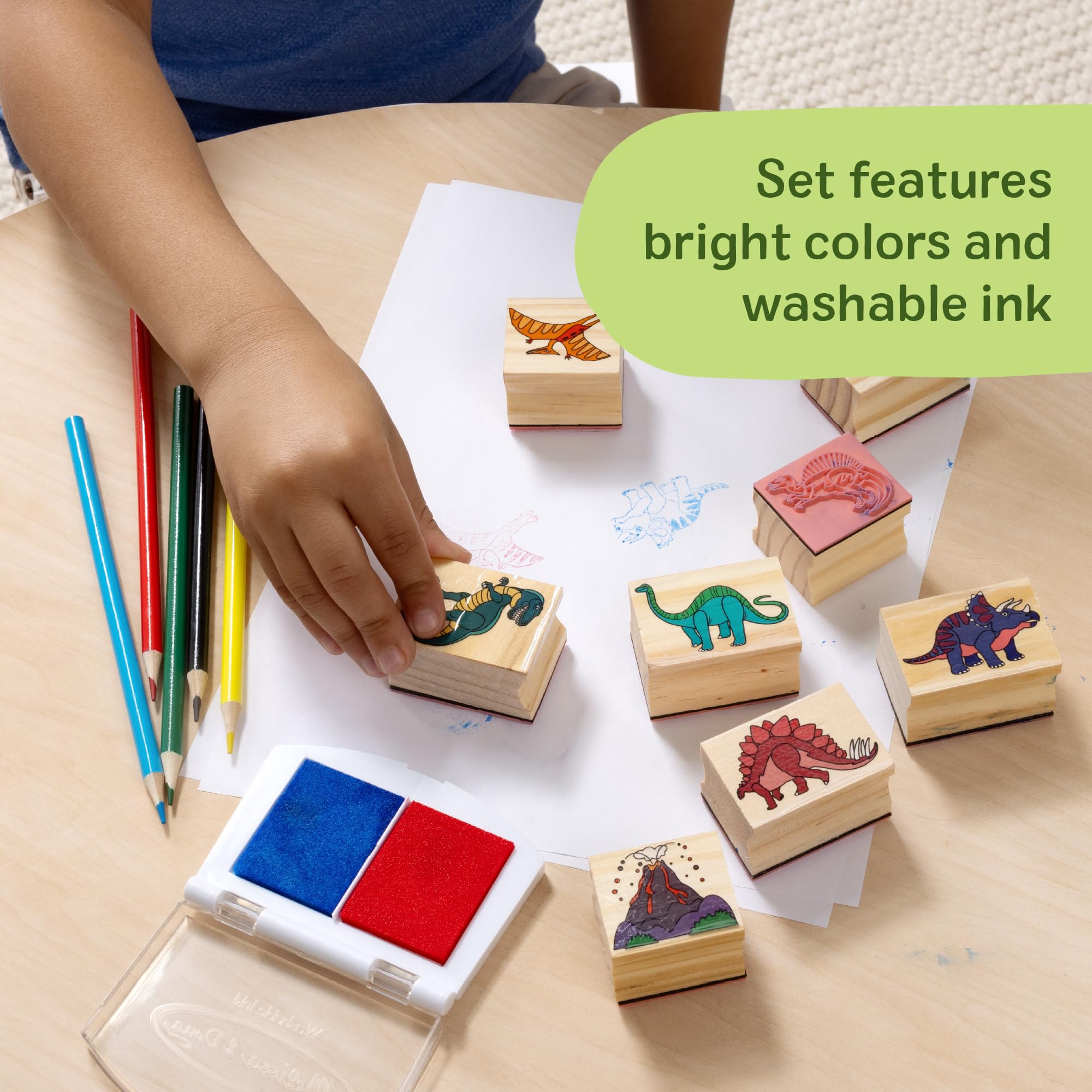 Melissa & Doug Dinosaur Stamp Set: 8 Stamps, 5 Pencils, 2-Color Ink Pad in Wooden Box