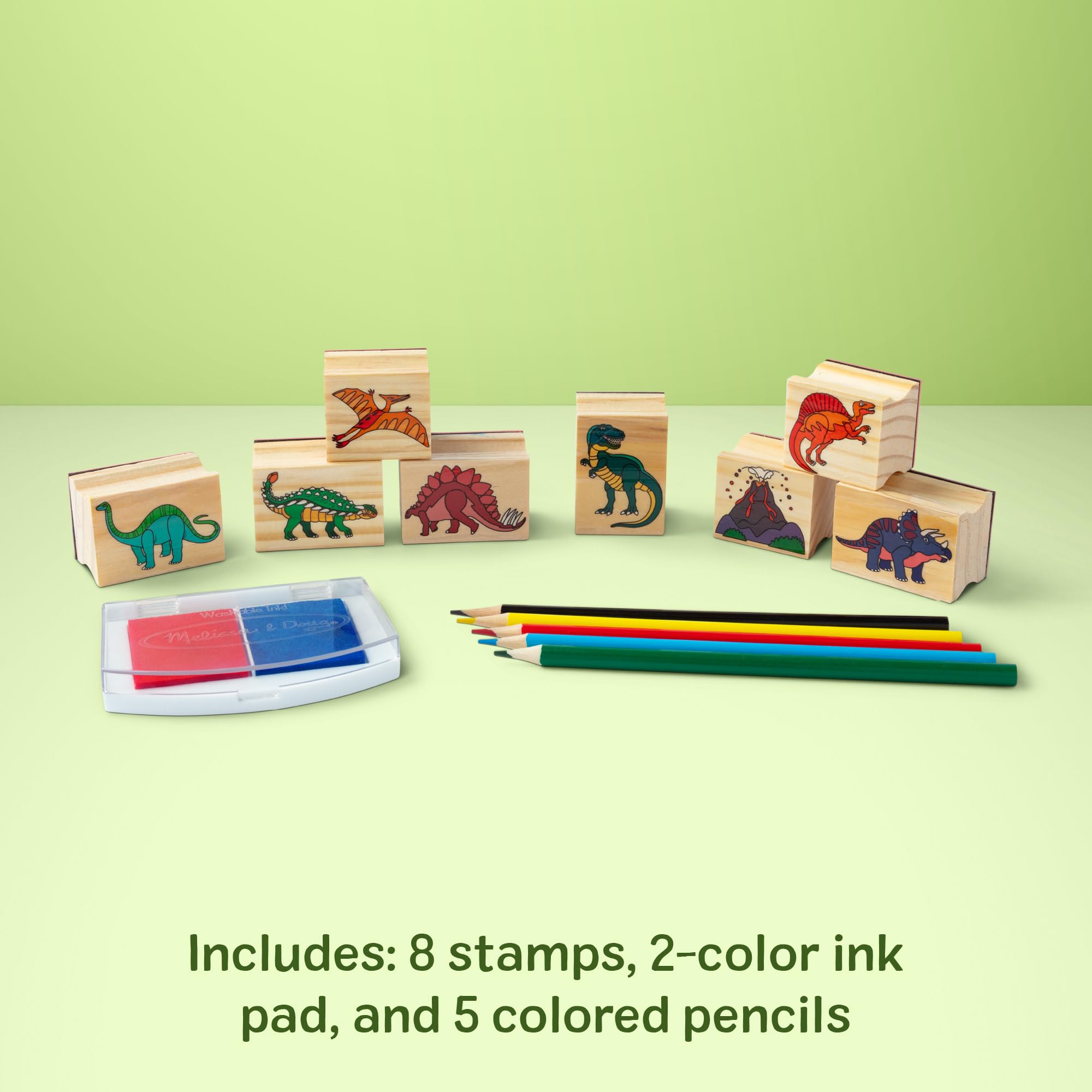 Melissa & Doug Dinosaur Stamp Set: 8 Stamps, 5 Pencils, 2-Color Ink Pad in Wooden Box