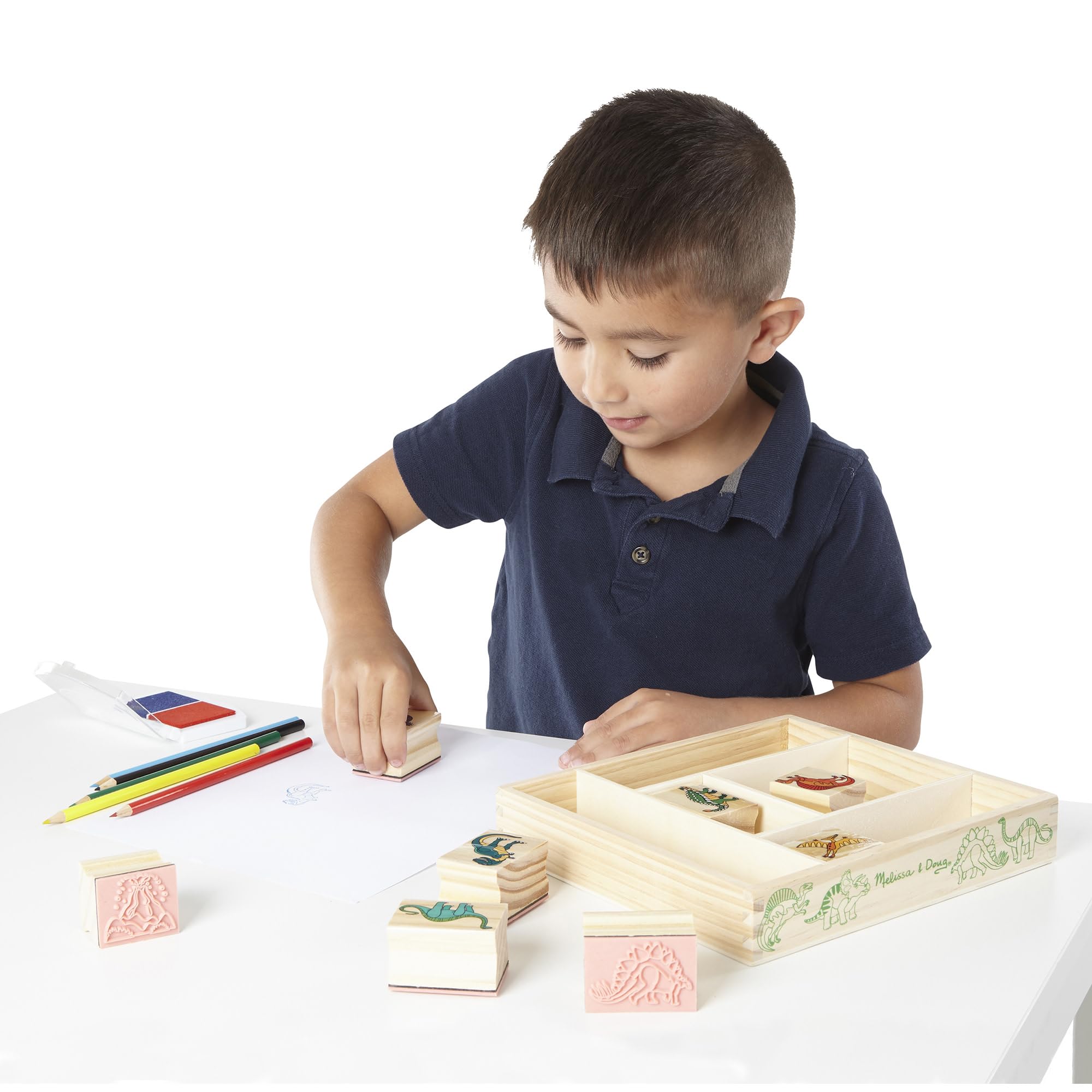 Melissa & Doug Dinosaur Stamp Set: 8 Stamps, 5 Pencils, 2-Color Ink Pad in Wooden Box