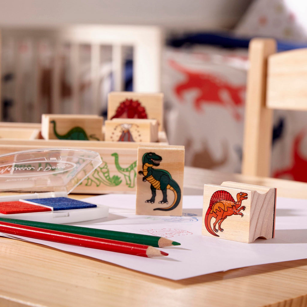 Melissa & Doug Dinosaur Stamp Set: 8 Stamps, 5 Pencils, 2-Color Ink Pad in Wooden Box