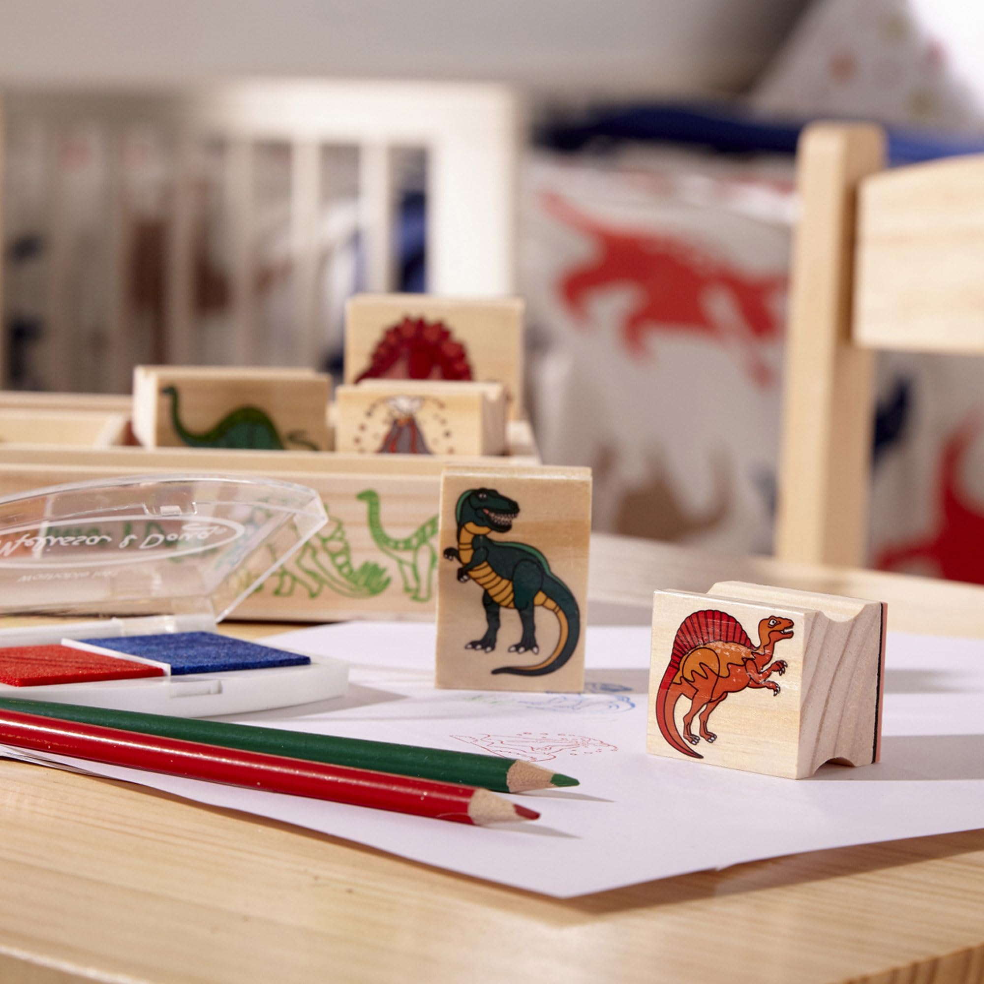 Melissa & Doug Dinosaur Stamp Set: 8 Stamps, 5 Pencils, 2-Color Ink Pad in Wooden Box