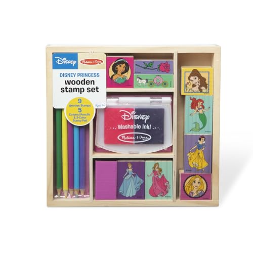 Melissa & Doug Disney Princess Wooden Stamp Set – 9 Stamps, 5 Colored Pencils, 2-Color Ink Pad, Washable & Non-Toxic, Ages 4+