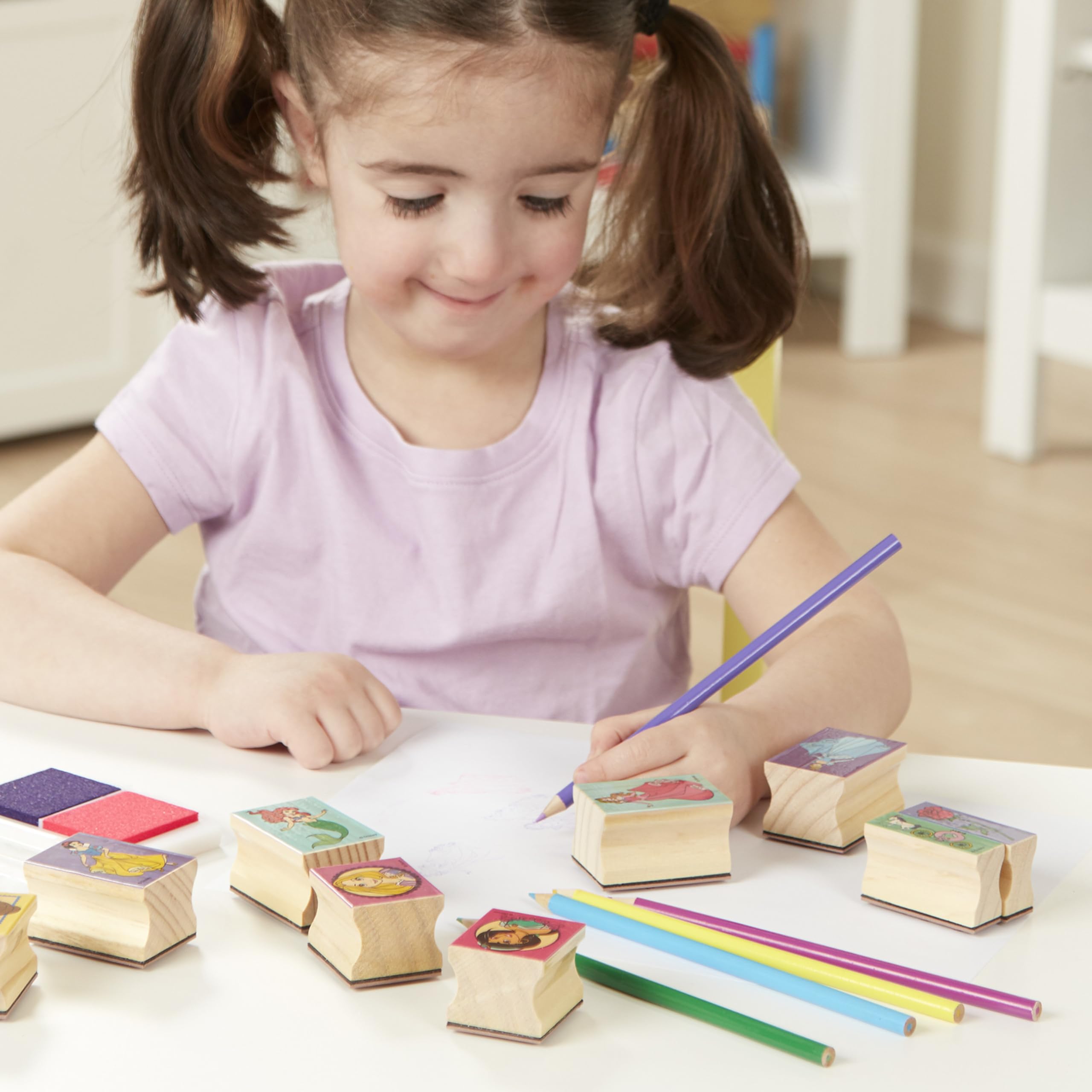 Melissa & Doug Disney Princess Wooden Stamp Set – 9 Stamps, 5 Colored Pencils, 2-Color Ink Pad, Washable & Non-Toxic, Ages 4+