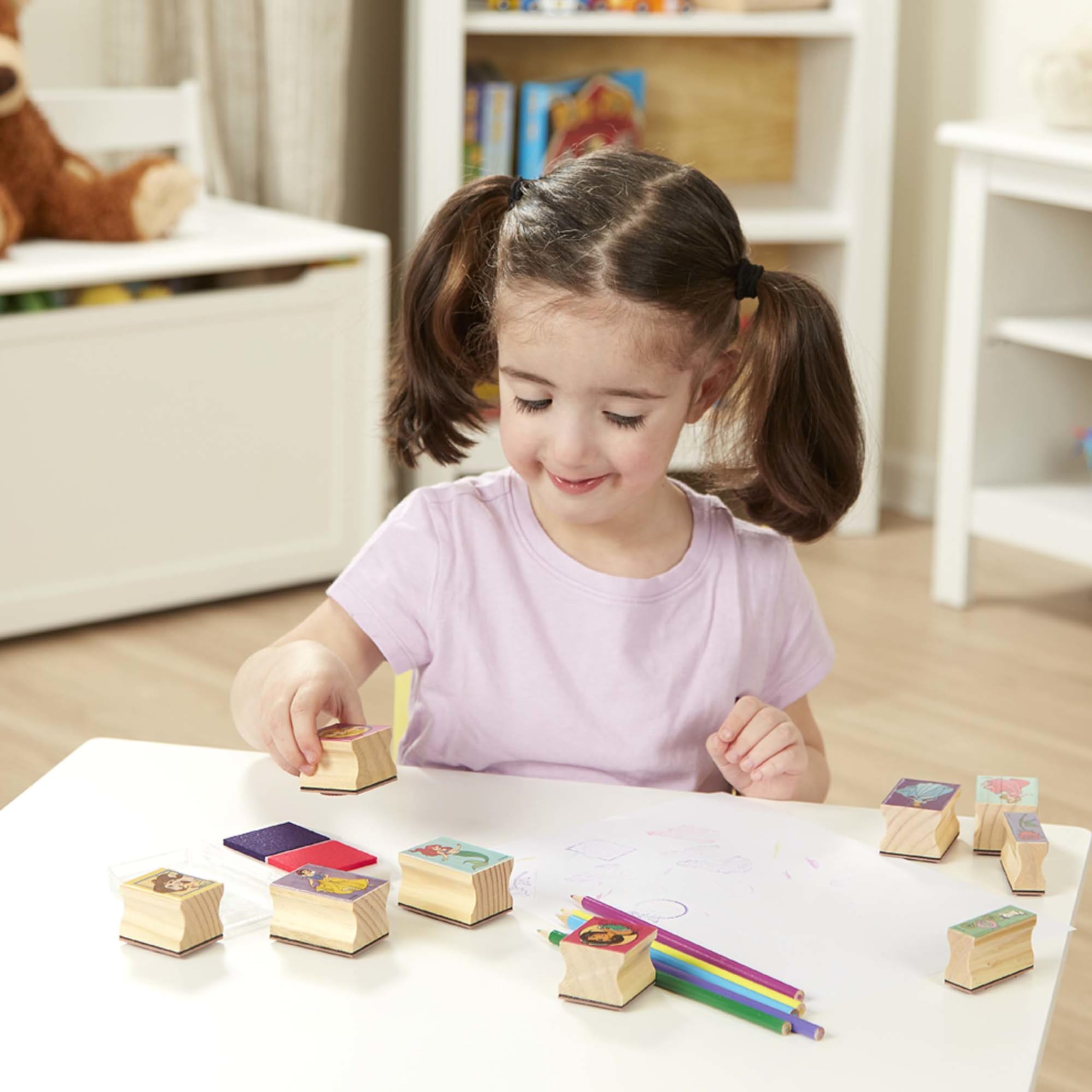 Melissa & Doug Disney Princess Wooden Stamp Set – 9 Stamps, 5 Colored Pencils, 2-Color Ink Pad, Washable & Non-Toxic, Ages 4+