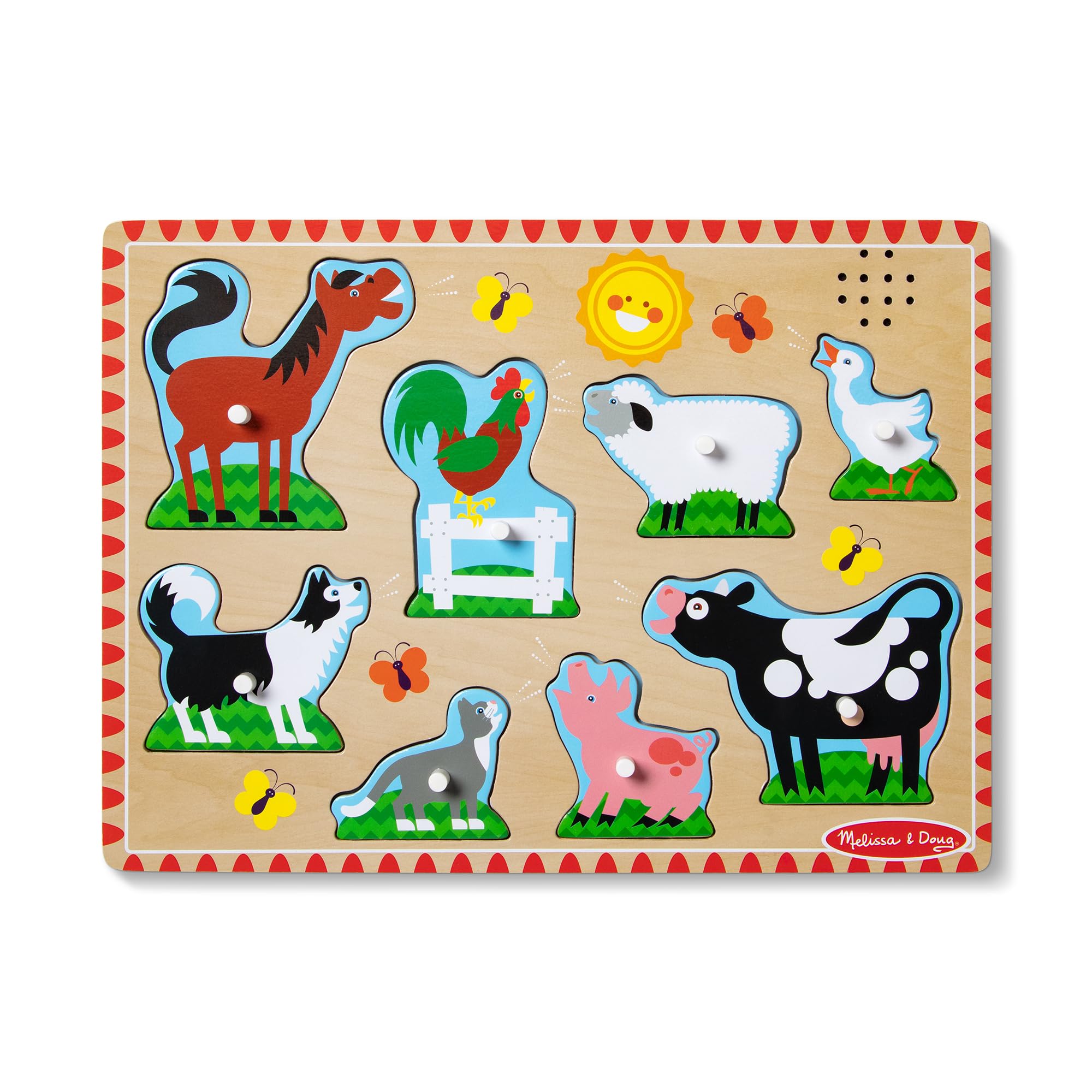 Melissa & Doug Farm Animals Sound Puzzle – 8-Piece Wooden Peg Puzzle with Light-Activated Sounds for Toddlers Ages 2+