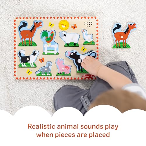 Melissa & Doug Farm Animals Sound Puzzle – 8-Piece Wooden Peg Puzzle with Light-Activated Sounds for Toddlers Ages 2+