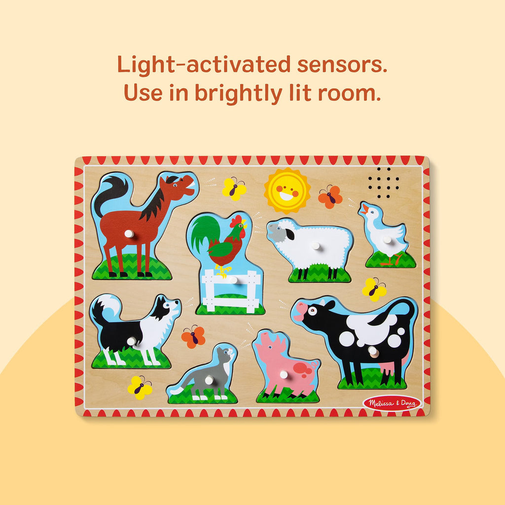 Melissa & Doug Farm Animals Sound Puzzle – 8-Piece Wooden Peg Puzzle with Light-Activated Sounds for Toddlers Ages 2+