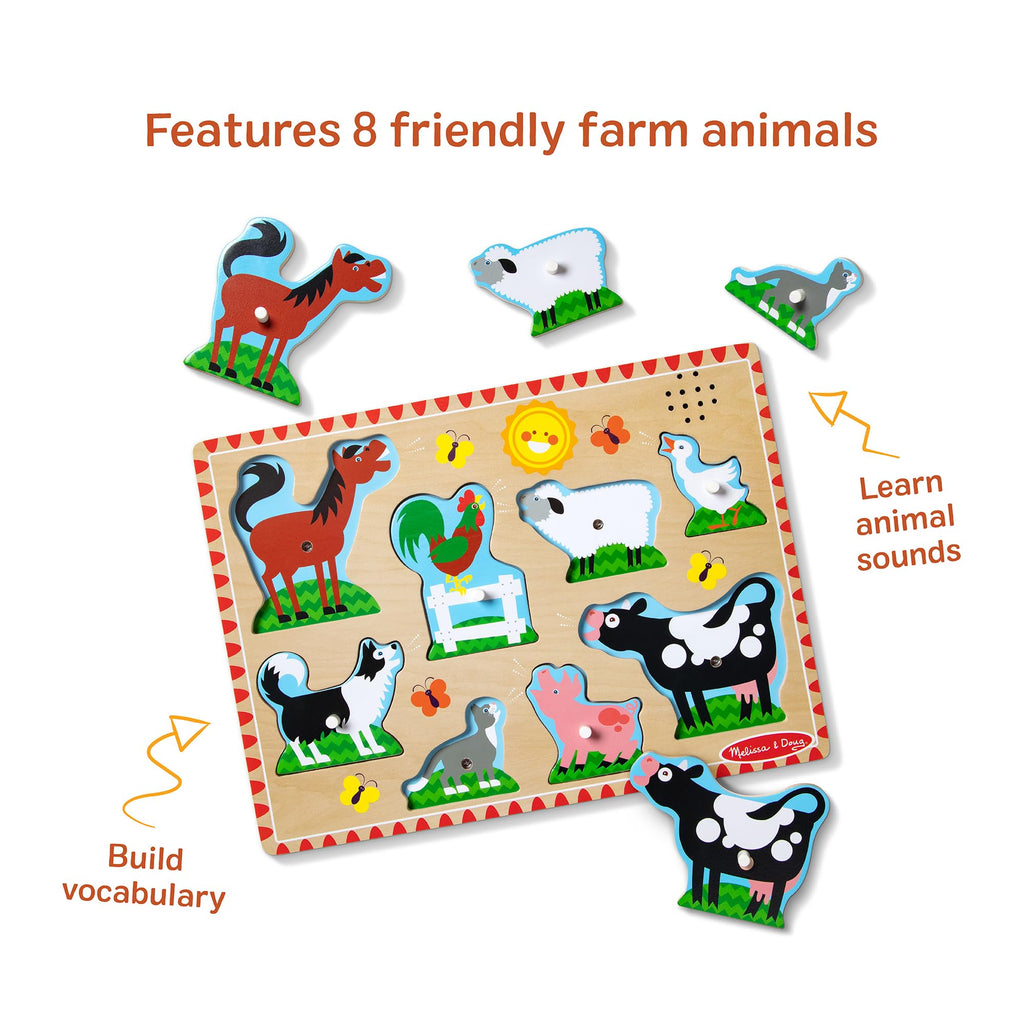Melissa & Doug Farm Animals Sound Puzzle – 8-Piece Wooden Peg Puzzle with Light-Activated Sounds for Toddlers Ages 2+