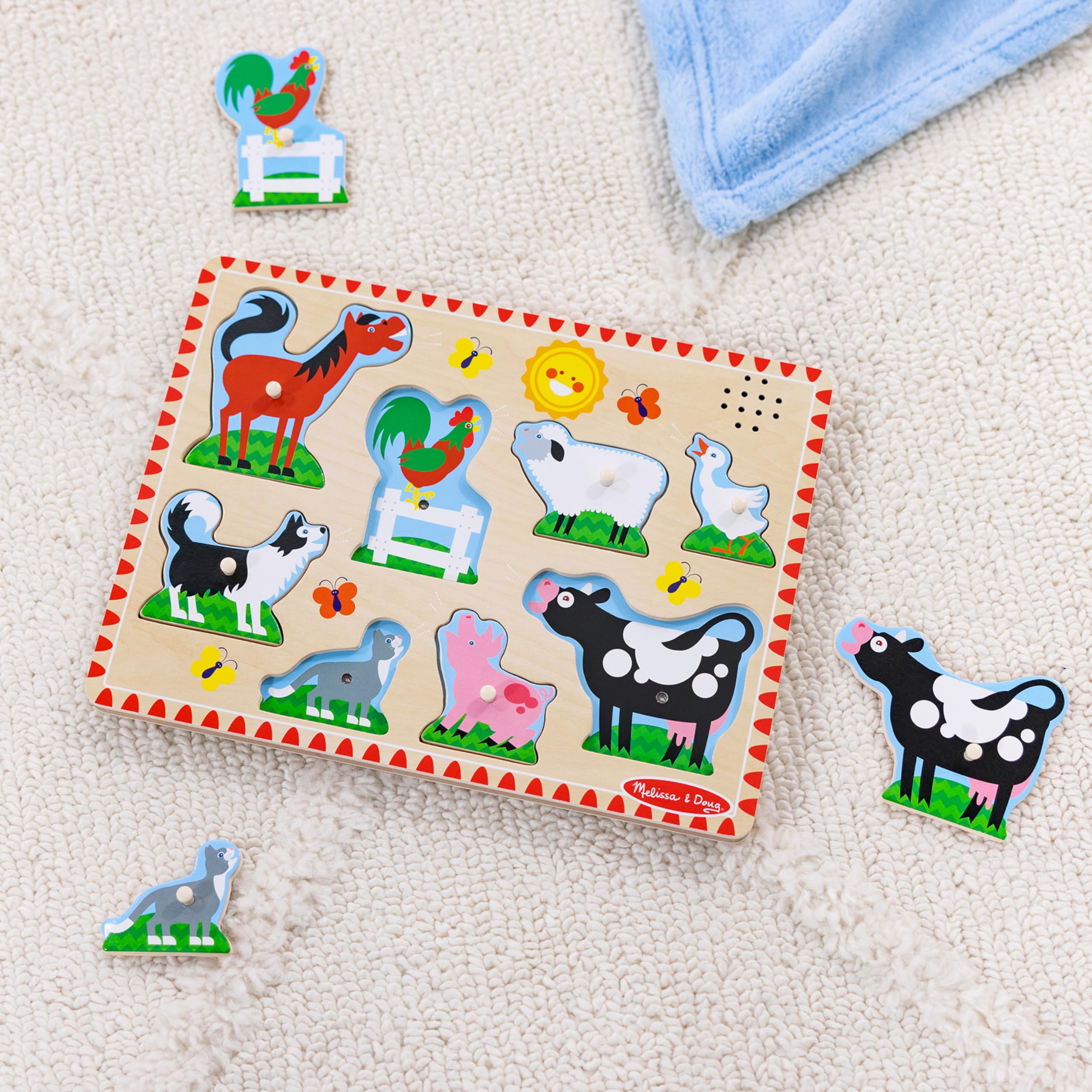 Melissa & Doug Farm Animals Sound Puzzle – 8-Piece Wooden Peg Puzzle with Light-Activated Sounds for Toddlers Ages 2+