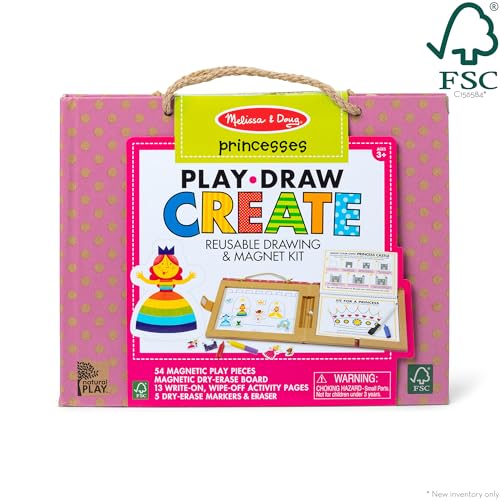 Melissa & Doug Princess Play, Draw, Create Reusable Kit – 54 Magnets, 5 Markers, FSC Certified