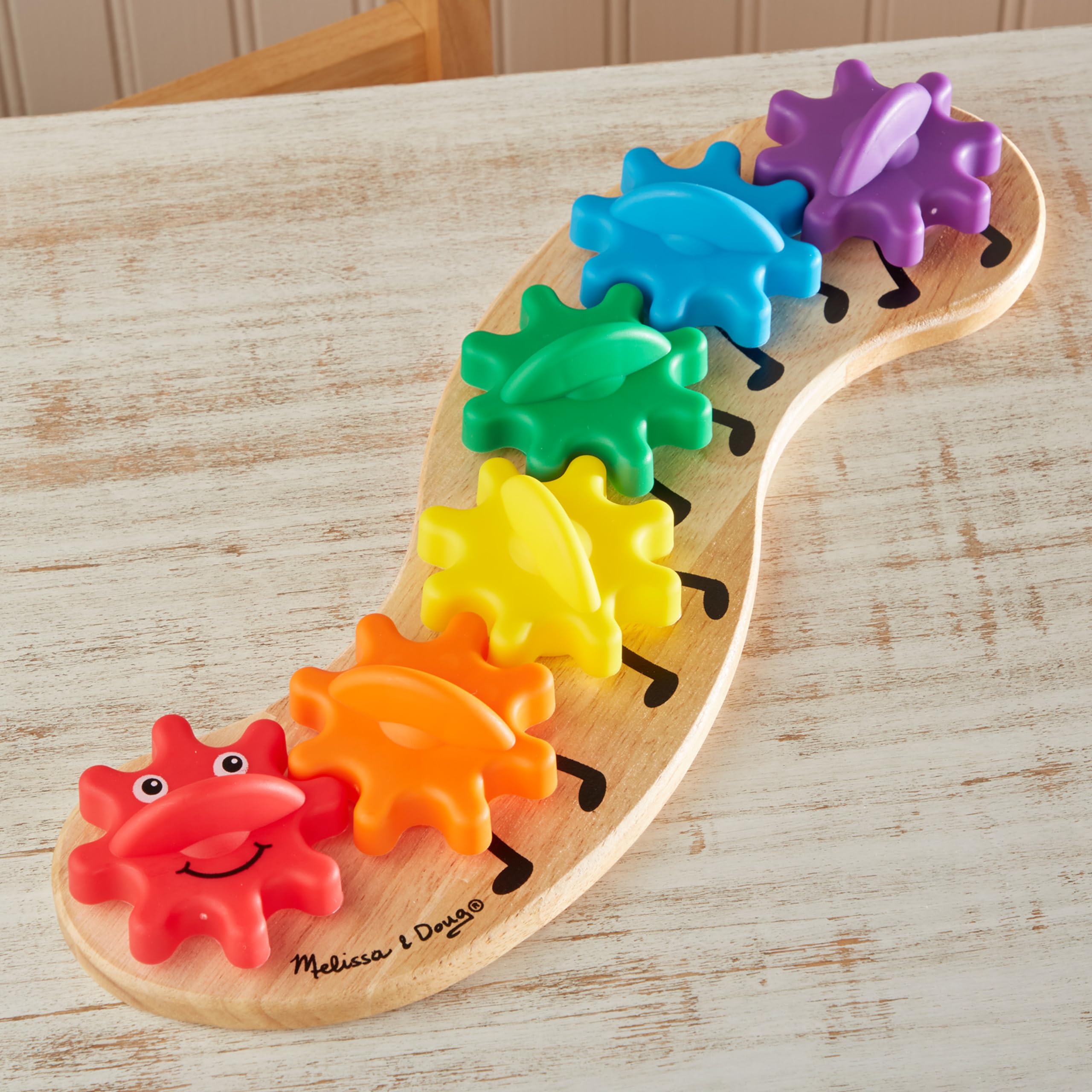 Melissa & Doug Rainbow Caterpillar Gear Toy – 6 Interlocking Wooden Gears for Toddlers