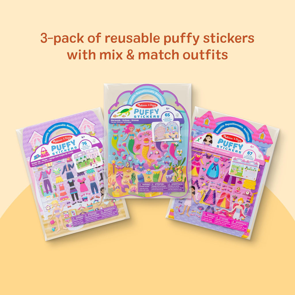 Melissa & Doug Set of 3 Puffy Sticker Activity Books - Dress-Up, Princess & Mermaid with 208 Reusable Stickers
