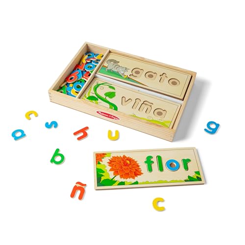 Melissa & Doug Spanish See & Spell Wooden Puzzle Set – 64 Letters & 8 Double-Sided Boards for Learning to Spell in Spanish