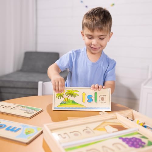 Melissa & Doug Spanish See & Spell Wooden Puzzle Set – 64 Letters & 8 Double-Sided Boards for Learning to Spell in Spanish
