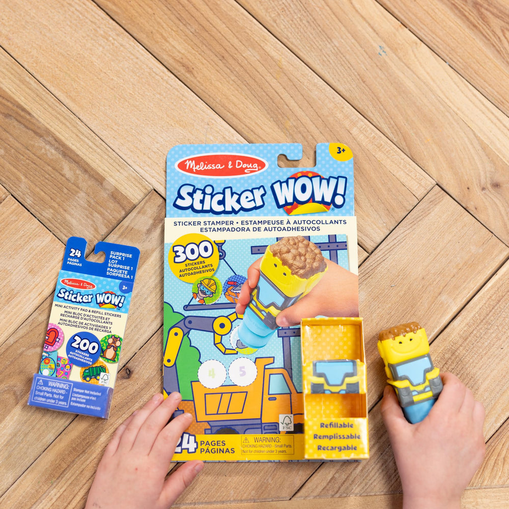 Melissa & Doug Sticker WOW! Bulldozer Bundle – 500 Stickers, Refillable Stamper, Travel-Friendly Activity Set for Kids 3+