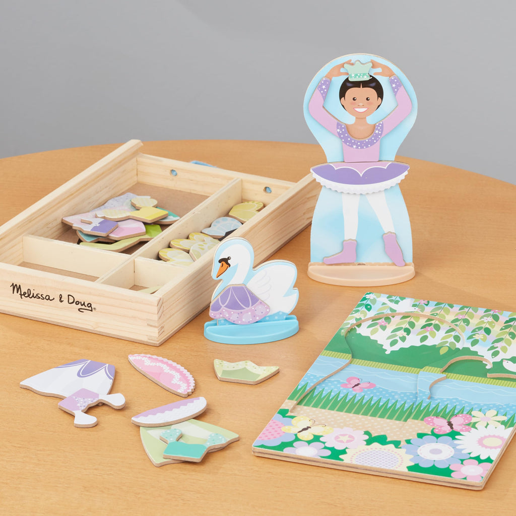 Melissa & Doug Wooden Magnetic Dress-Up Set: Double-Sided Ballerina/Fairy & Swan (52 Pieces)