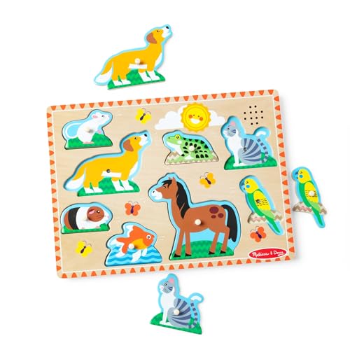 Melissa & Doug Zoo Pet Animals Sound Puzzle – 8-Piece Wooden Peg Puzzle with Light-Activated Animal Sounds for Toddlers Ages 2+