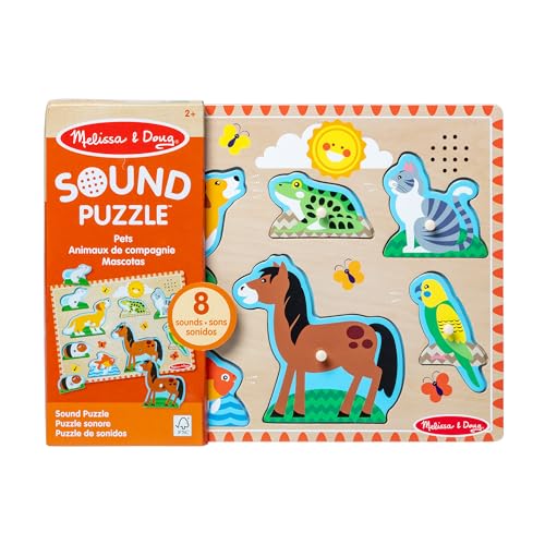 Melissa & Doug Zoo Pet Animals Sound Puzzle – 8-Piece Wooden Peg Puzzle with Light-Activated Animal Sounds for Toddlers Ages 2+