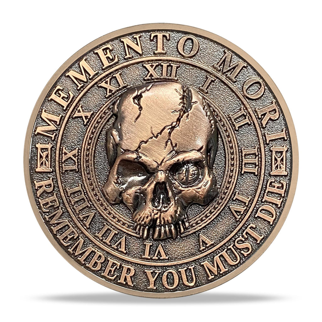 Memento Mori Memento Vivere Coin – 3D Skull Stoic Reminder Token with Tree of Life & Ouroboros, Zinc Alloy Challenge Coin for Daily Inspiration