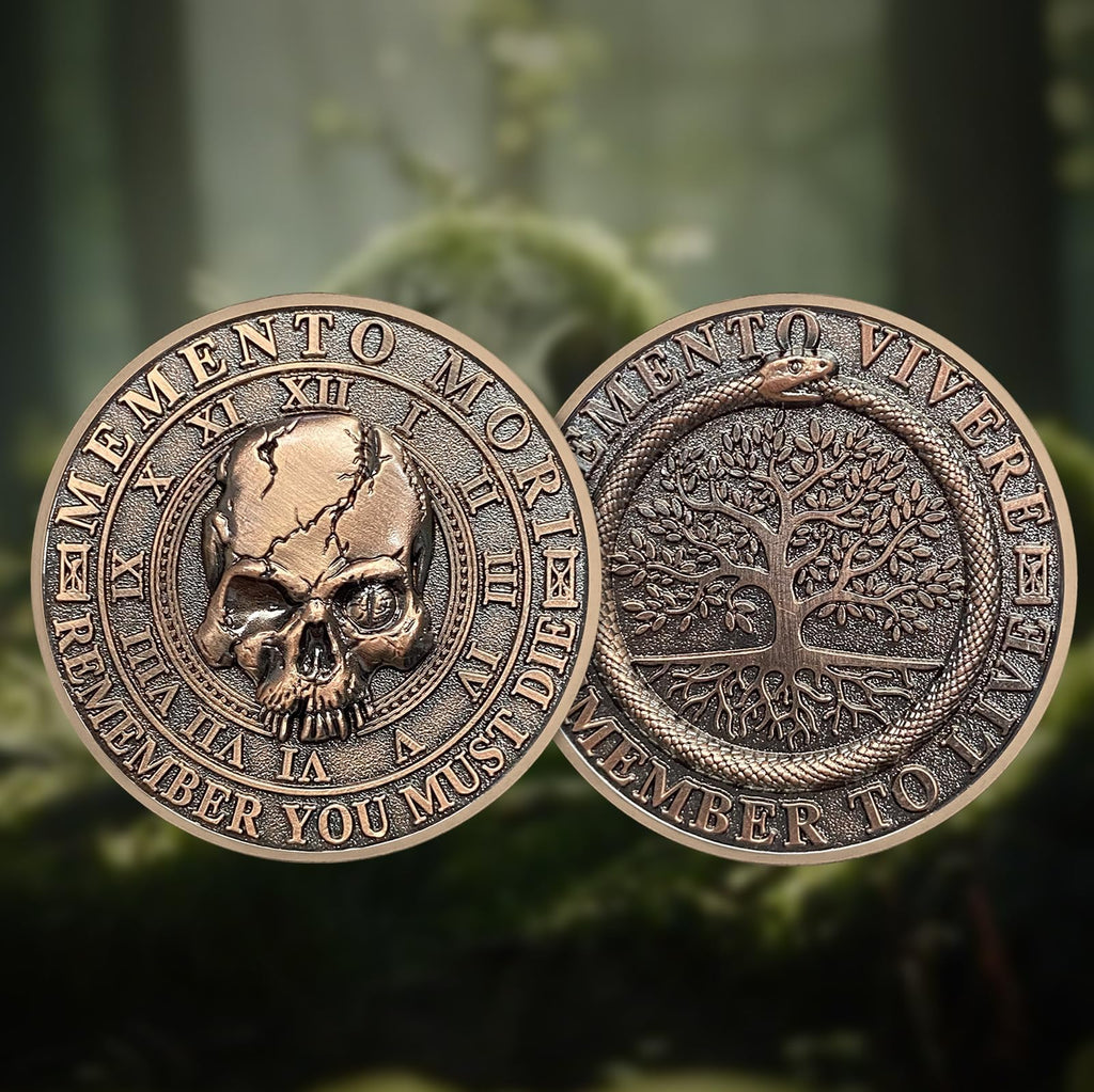 Memento Mori Memento Vivere Coin – 3D Skull Stoic Reminder Token with Tree of Life & Ouroboros, Zinc Alloy Challenge Coin for Daily Inspiration