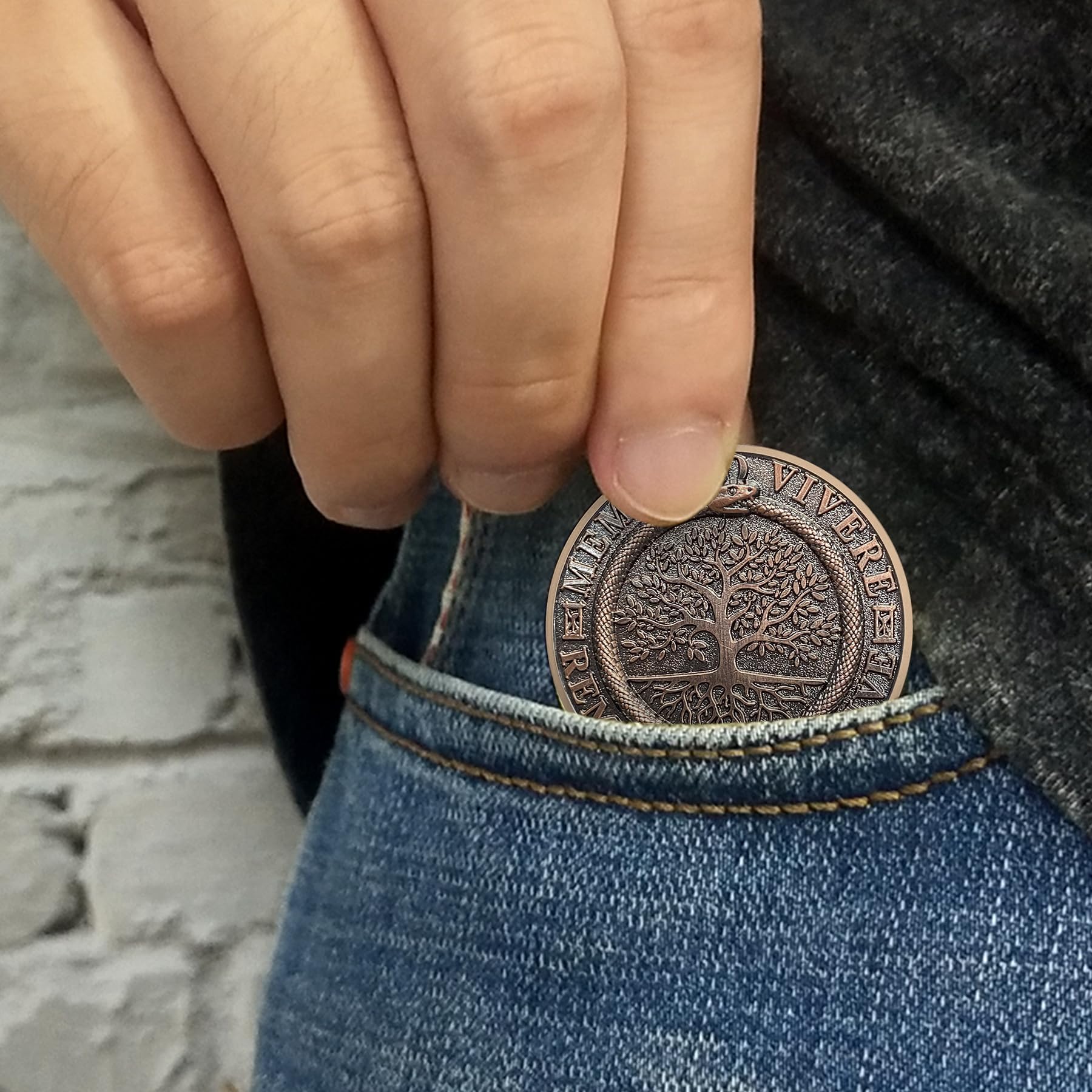 Memento Mori Memento Vivere Coin – 3D Skull Stoic Reminder Token with Tree of Life & Ouroboros, Zinc Alloy Challenge Coin for Daily Inspiration