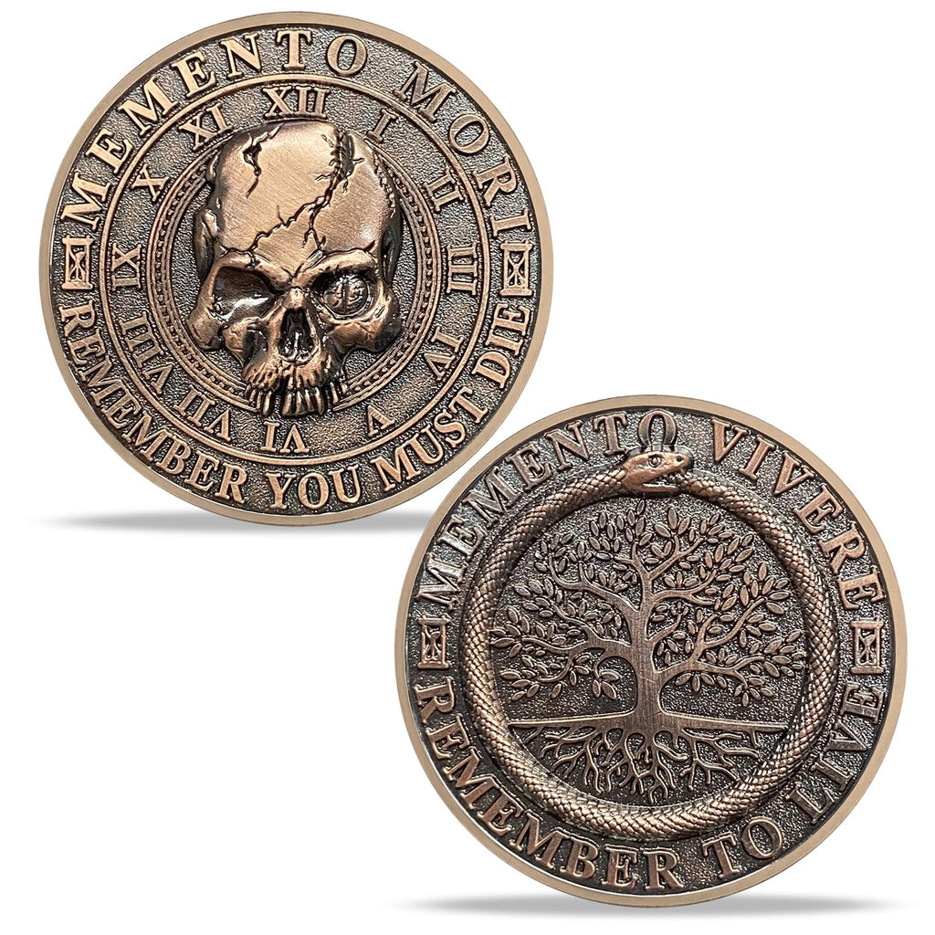 Memento Mori Memento Vivere Coin – 3D Skull Stoic Reminder Token with Tree of Life & Ouroboros, Zinc Alloy Challenge Coin for Daily Inspiration