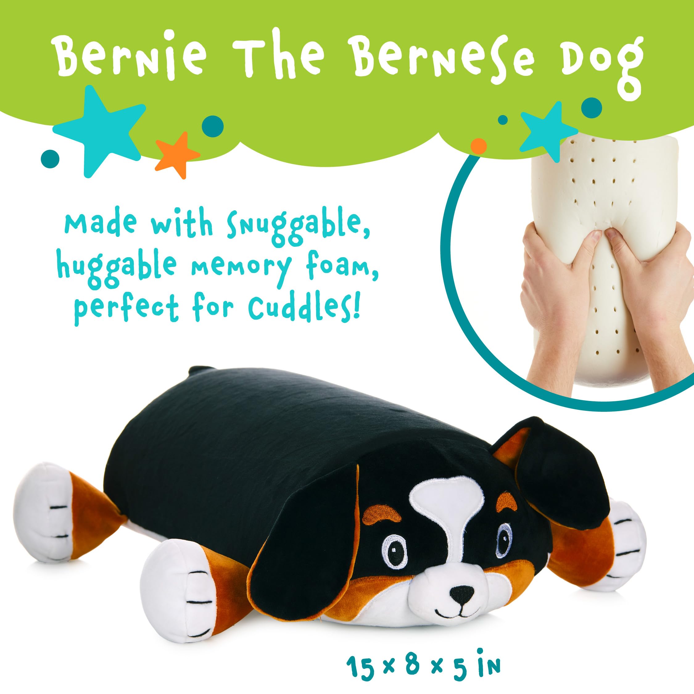MEMORY MATES Bernie the Bernese Dog Memory Foam Pillow Plush – 15" Stuffed Animal with Hidden Journal Pocket