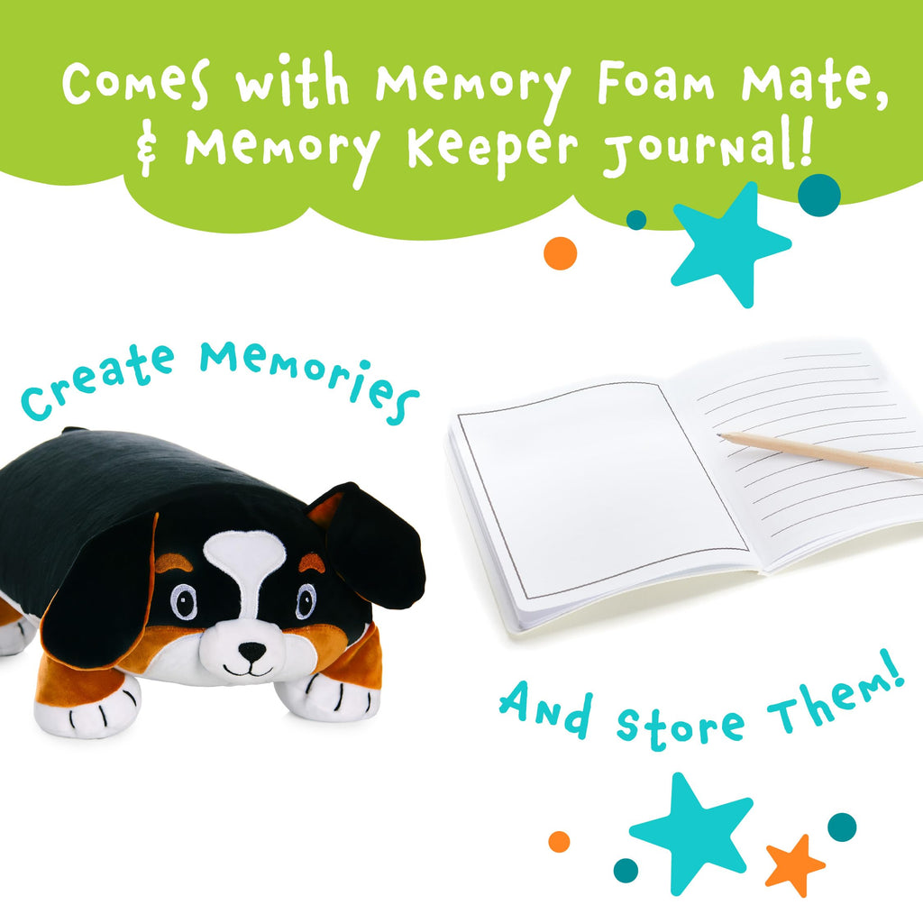 MEMORY MATES Bernie the Bernese Dog Memory Foam Pillow Plush – 15" Stuffed Animal with Hidden Journal Pocket
