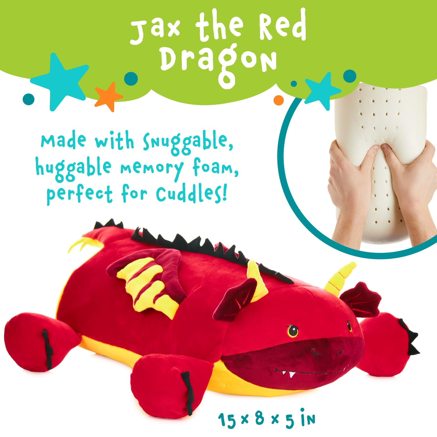 Memory Mates Jax the Red Dragon – 15" Memory Foam Plush Pillow with Diary Pocket