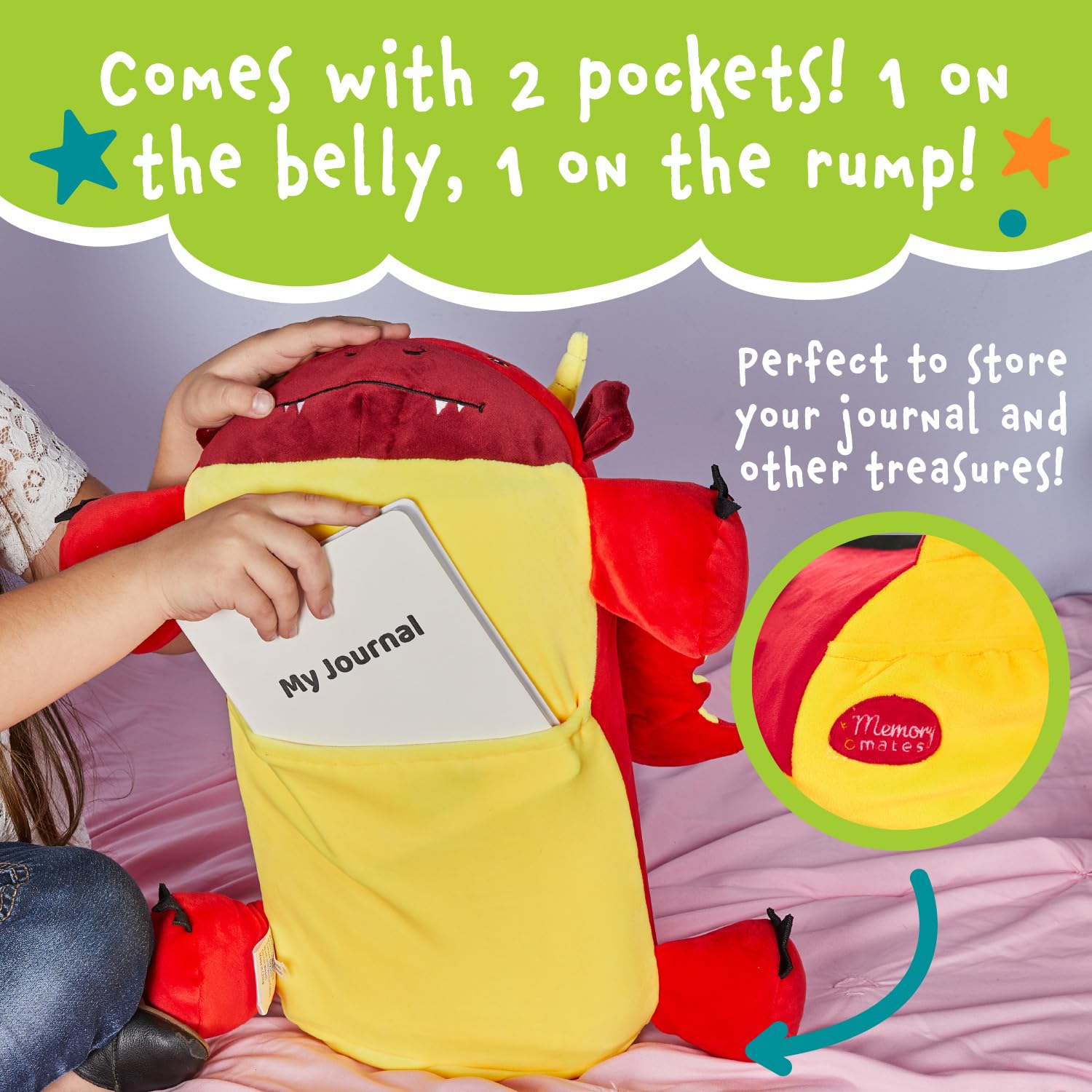 Memory Mates Jax the Red Dragon – 15" Memory Foam Plush Pillow with Diary Pocket