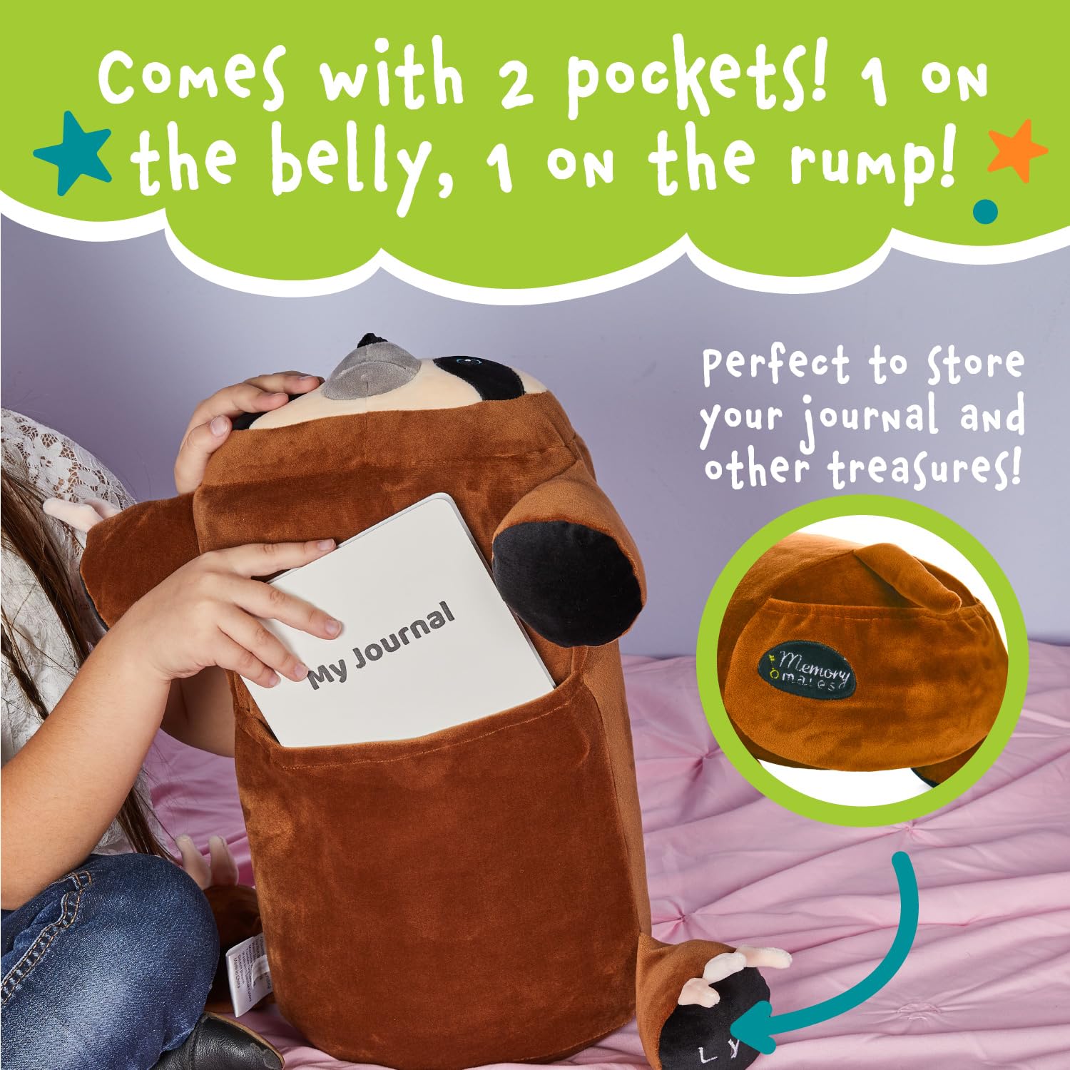 MEMORY MATES Lynn the Sloth Memory Foam Pillow Plush with Diary and Storage Pockets, 15-Inch Stuffed Animal