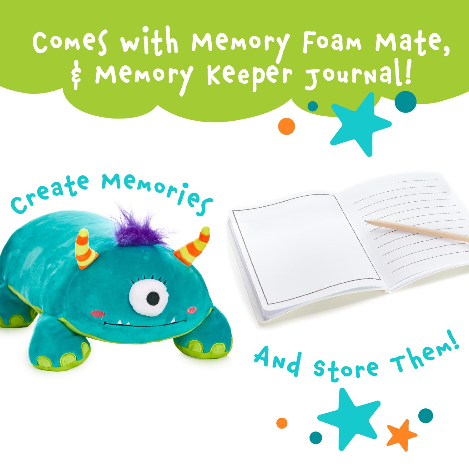MEMORY MATES Tata the One-Eyed Monster: 15-Inch Memory Foam Pillow Plush with Hidden Diary Pocket