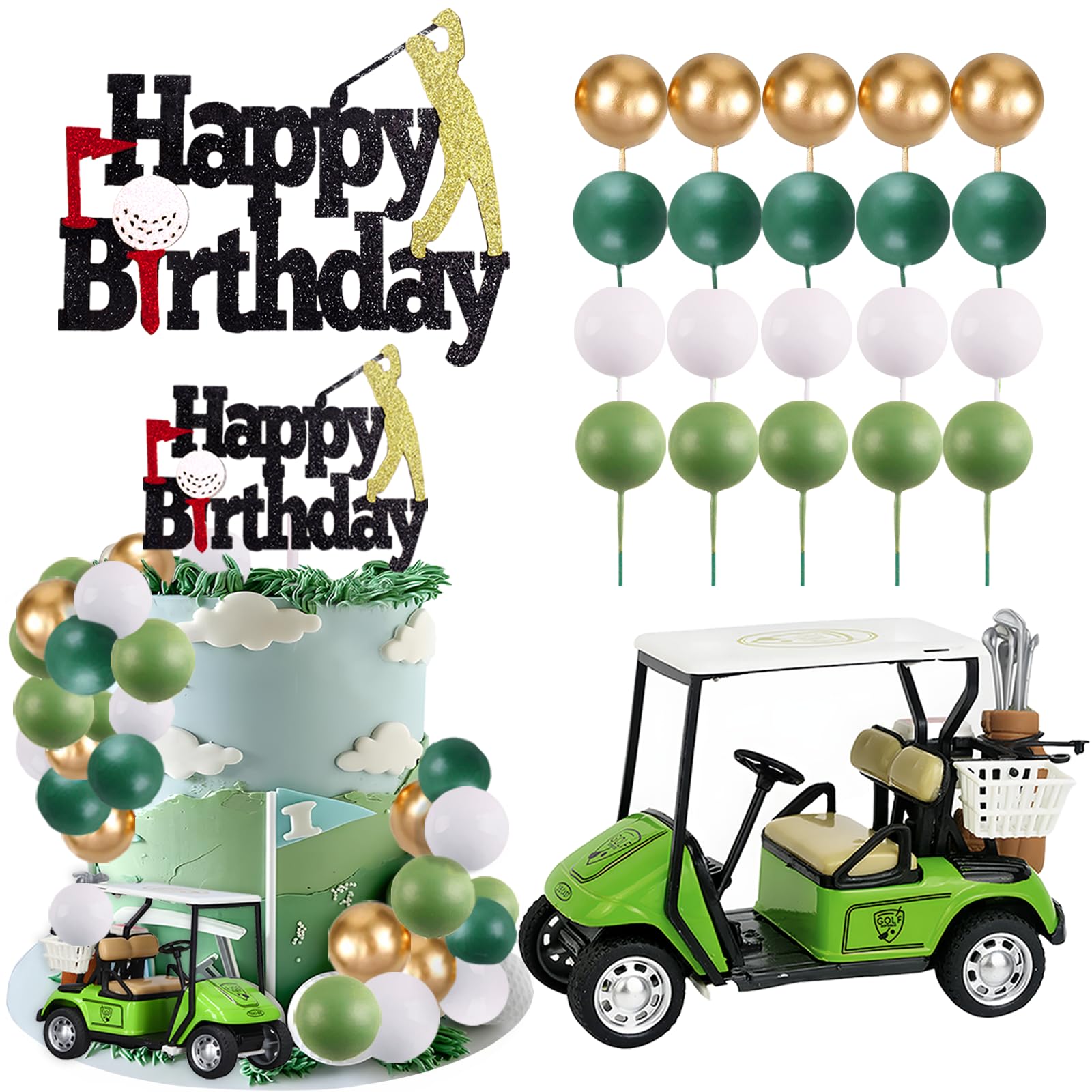 MEMOVAN 22-Piece Golf Cake Toppers Set with Mini Golf Cart, Balls, and Happy Birthday Topper