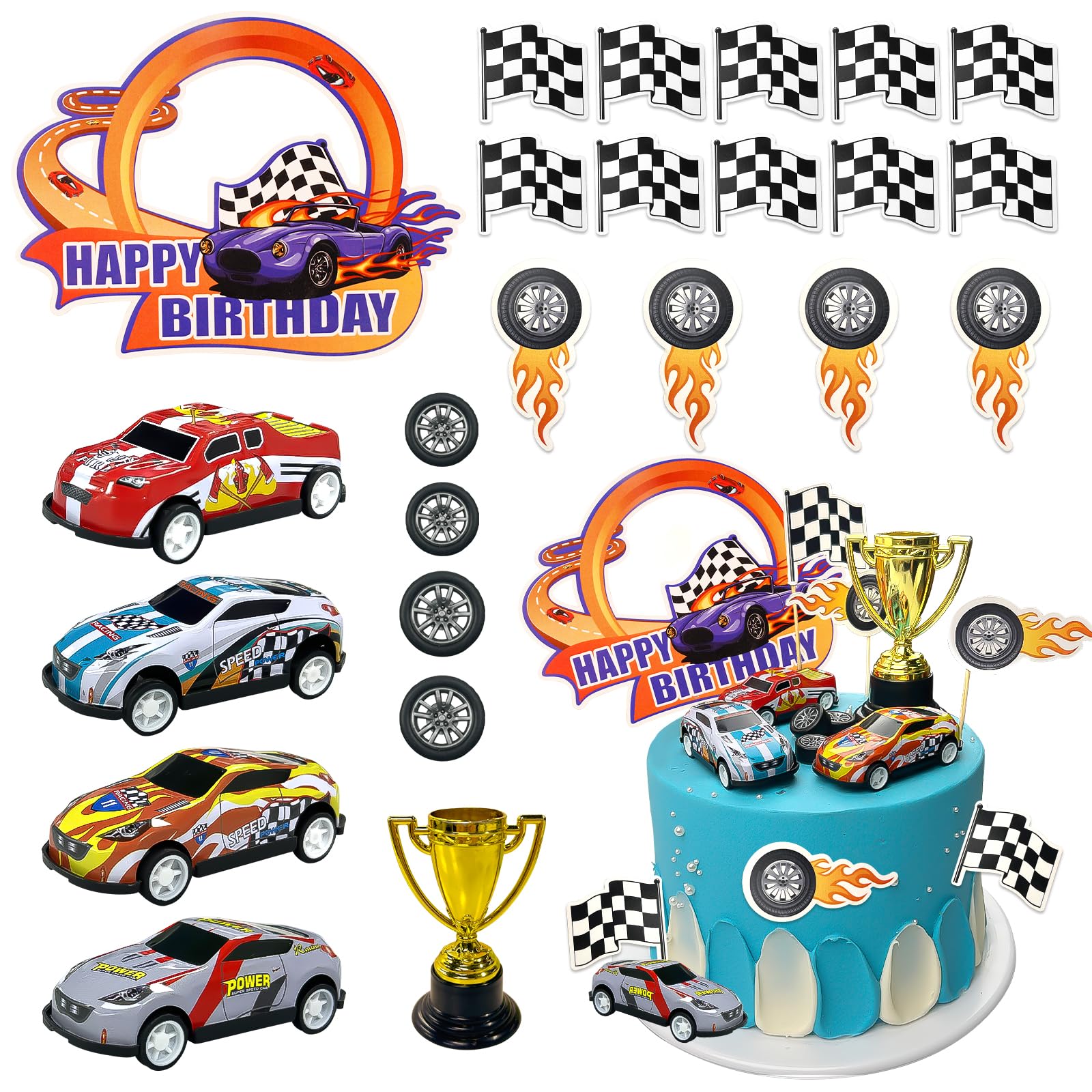 MEMOVAN 24-Piece Race Car Cake Toppers Set with Checkered Flags and Trophy for Racing Birthday Party
