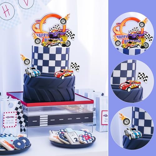 MEMOVAN 24-Piece Race Car Cake Toppers Set with Checkered Flags and Trophy for Racing Birthday Party