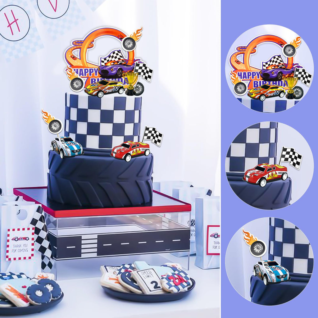 MEMOVAN 24-Piece Race Car Cake Toppers Set with Checkered Flags and Trophy for Racing Birthday Party