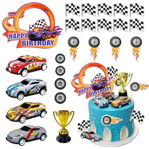 MEMOVAN 24-Piece Race Car Cake Toppers Set with Checkered Flags and Trophy for Racing Birthday Party