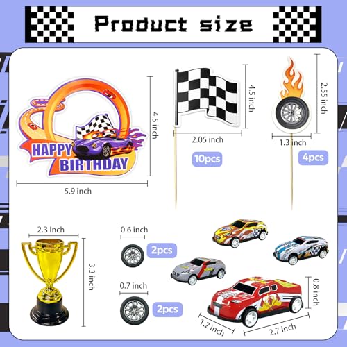 MEMOVAN 24-Piece Race Car Cake Toppers Set with Checkered Flags and Trophy for Racing Birthday Party