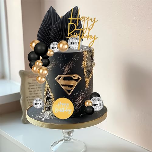 MEMOVAN 25-Piece Black Gold Boho Cake Topper Set - Palm Leaves, Disco Balls & Cupcake Picks for Men's Birthday, Baby Shower, Wedding