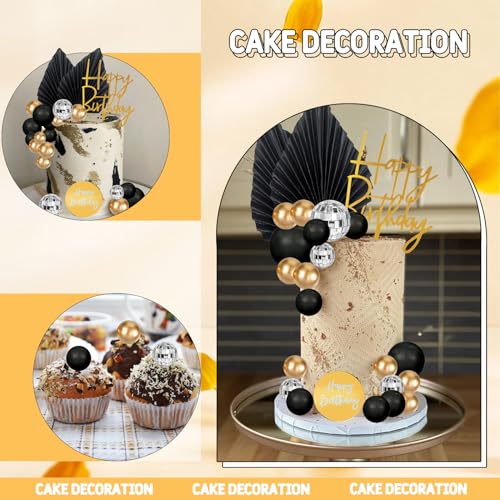 MEMOVAN 25-Piece Black Gold Boho Cake Topper Set - Palm Leaves, Disco Balls & Cupcake Picks for Men's Birthday, Baby Shower, Wedding