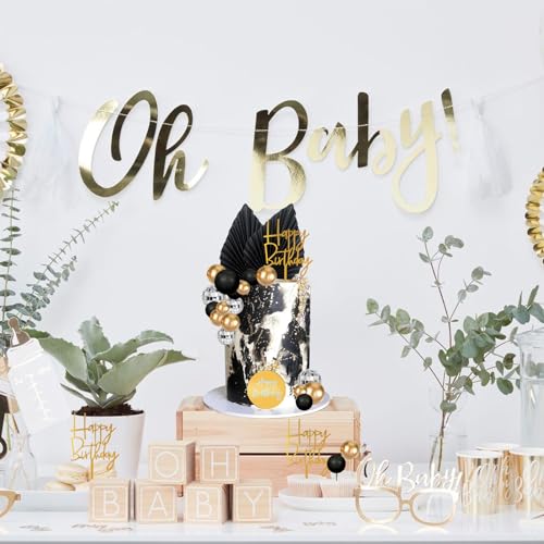 MEMOVAN 25-Piece Black Gold Boho Cake Topper Set - Palm Leaves, Disco Balls & Cupcake Picks for Men's Birthday, Baby Shower, Wedding
