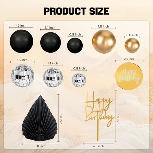 MEMOVAN 25-Piece Black Gold Boho Cake Topper Set - Palm Leaves, Disco Balls & Cupcake Picks for Men's Birthday, Baby Shower, Wedding