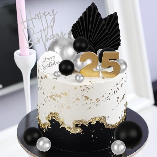 MEMOVAN 26-Piece Black Boho Cake Topper Set with Palm Leaves and Silver Balls for Birthday, Wedding, Baby Shower