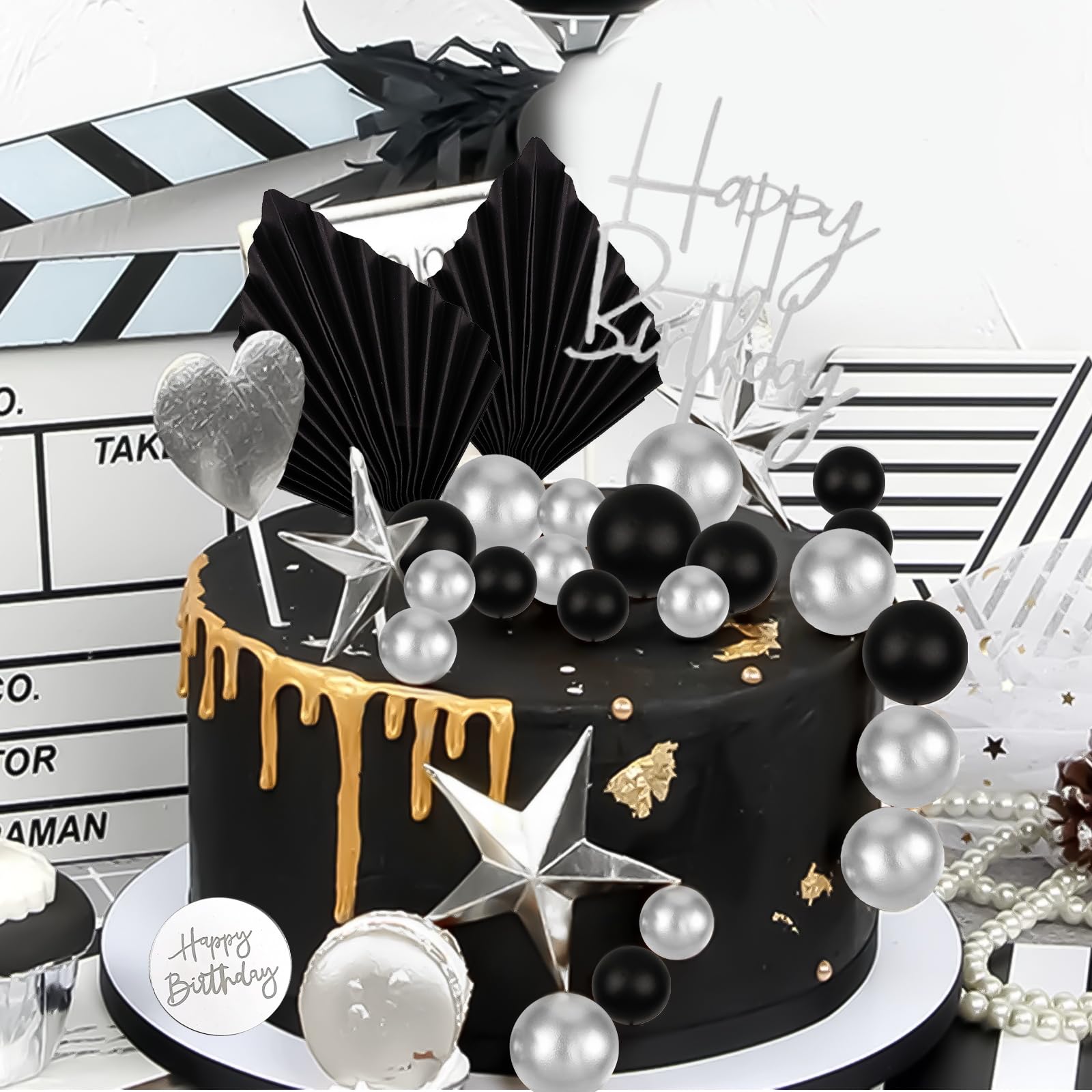 MEMOVAN 26-Piece Black Boho Cake Topper Set with Palm Leaves and Silver Balls for Birthday, Wedding, Baby Shower