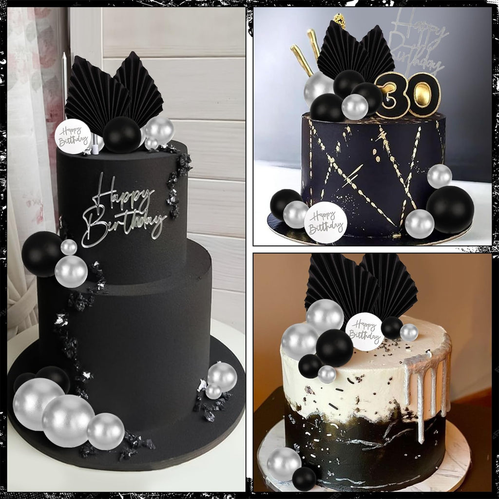 MEMOVAN 26-Piece Black Boho Cake Topper Set with Palm Leaves and Silver Balls for Birthday, Wedding, Baby Shower