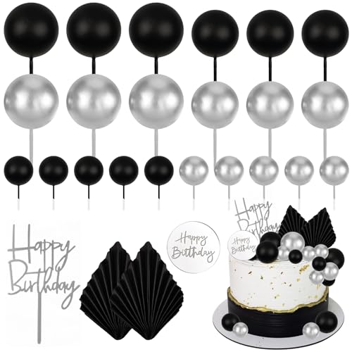 MEMOVAN 26-Piece Black Boho Cake Topper Set with Palm Leaves and Silver Balls for Birthday, Wedding, Baby Shower