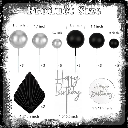 MEMOVAN 26-Piece Black Boho Cake Topper Set with Palm Leaves and Silver Balls for Birthday, Wedding, Baby Shower