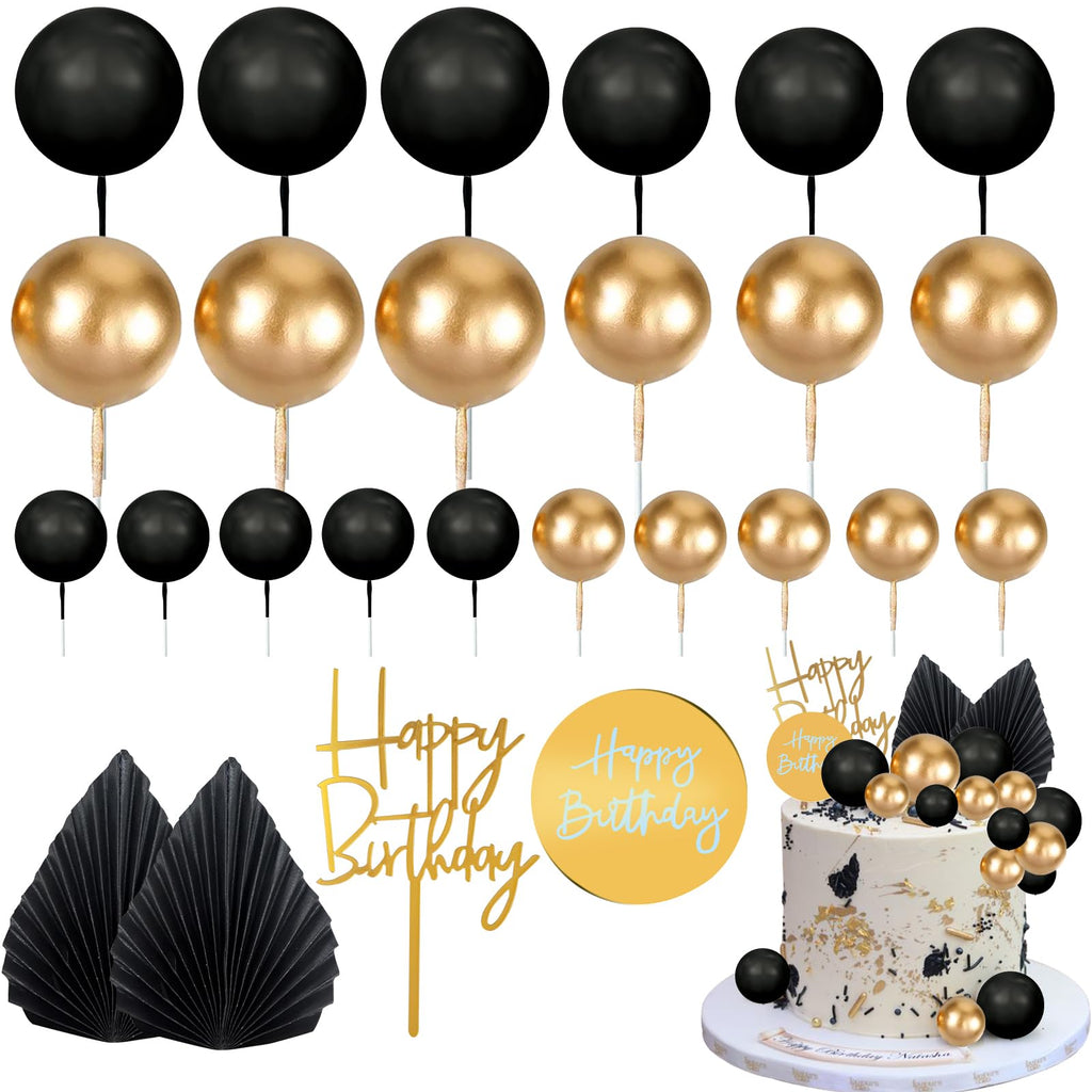 MEMOVAN 26pcs Black Gold Boho Cake Topper Set with Palm Leaves and Balls for Bohemian Birthday Wedding Baby Shower