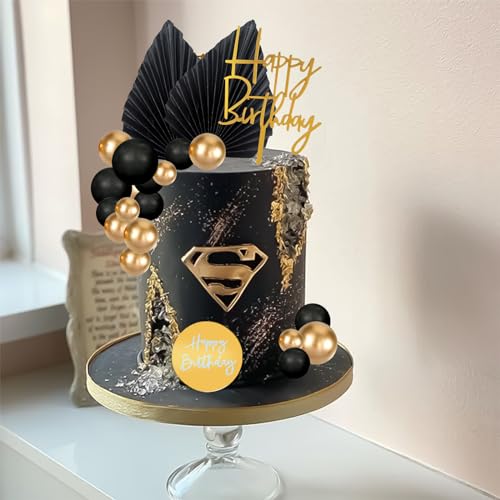 MEMOVAN 26pcs Black Gold Boho Cake Topper Set with Palm Leaves and Balls for Bohemian Birthday Wedding Baby Shower