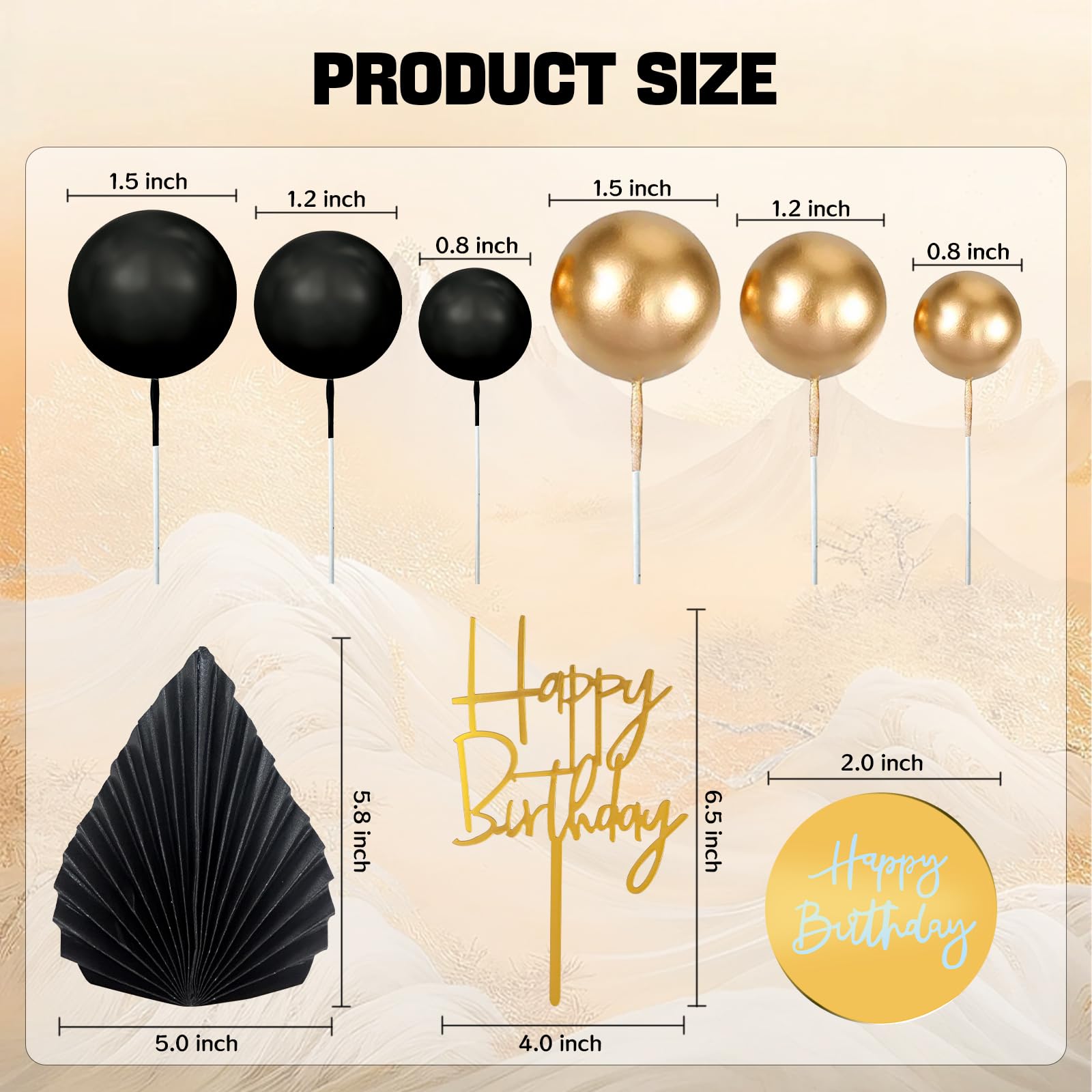 MEMOVAN 26pcs Black Gold Boho Cake Topper Set with Palm Leaves and Balls for Bohemian Birthday Wedding Baby Shower